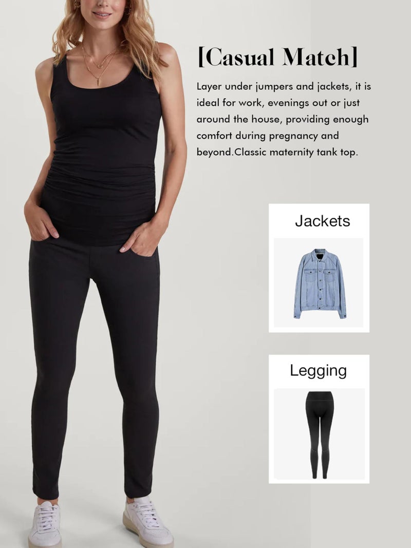Ecavus 3PCS Womens Layering Maternity Tank Top Pregnancy Shirt Scoop Neck Sleeveless Ruched Vest (L, Black/Dark Grey/Hunterbr) - Image 5